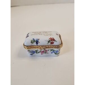 Imperial Porcelain Trinket Box White, Goldtone & Floral Psalm 46:1 Bible Verse